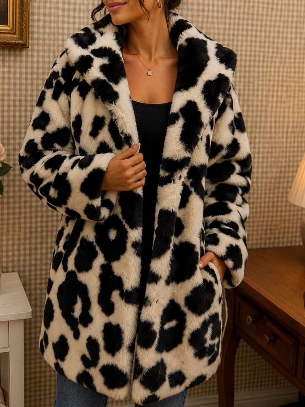 Gianni Bini Black & White Leopard Teddy Coat